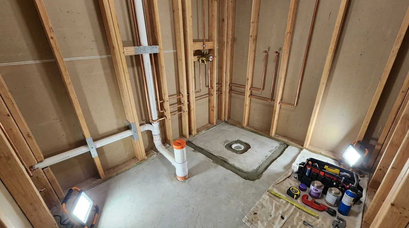 Bathroom rough-in plumbing during remodel by Johns Plumbing LLC in Frenchville