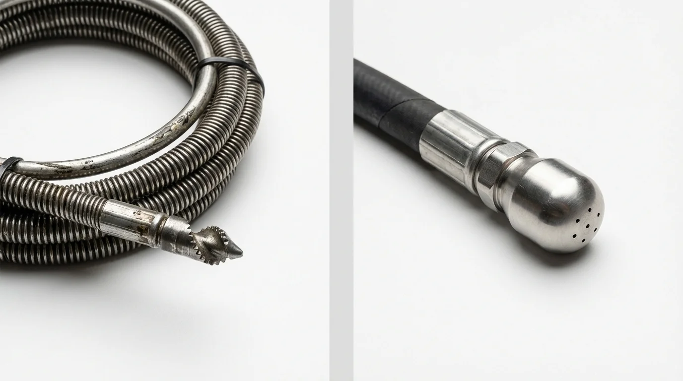 Drain snake cable and hydro jetting nozzle used for drain cleaning in Frenchville, ME