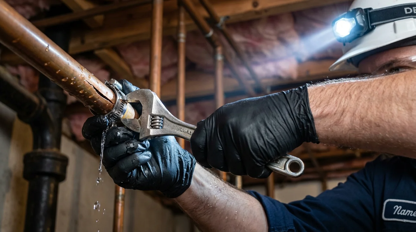 Emergency pipe clamp repair being performed by a Johns Plumbing LLC plumber in Frenchville