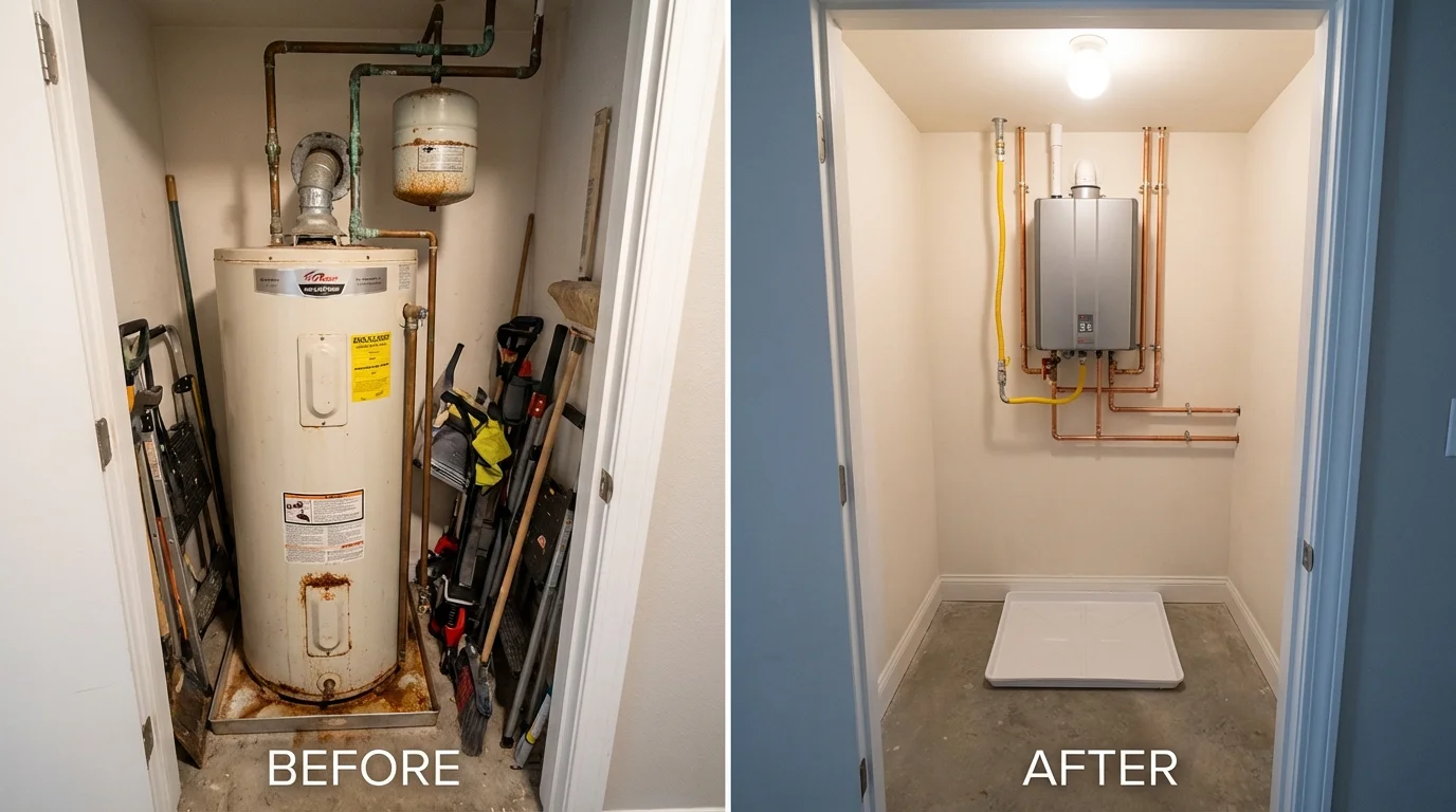 Tank water heater versus wall-mounted tankless unit comparison for Frenchville, ME homeowners