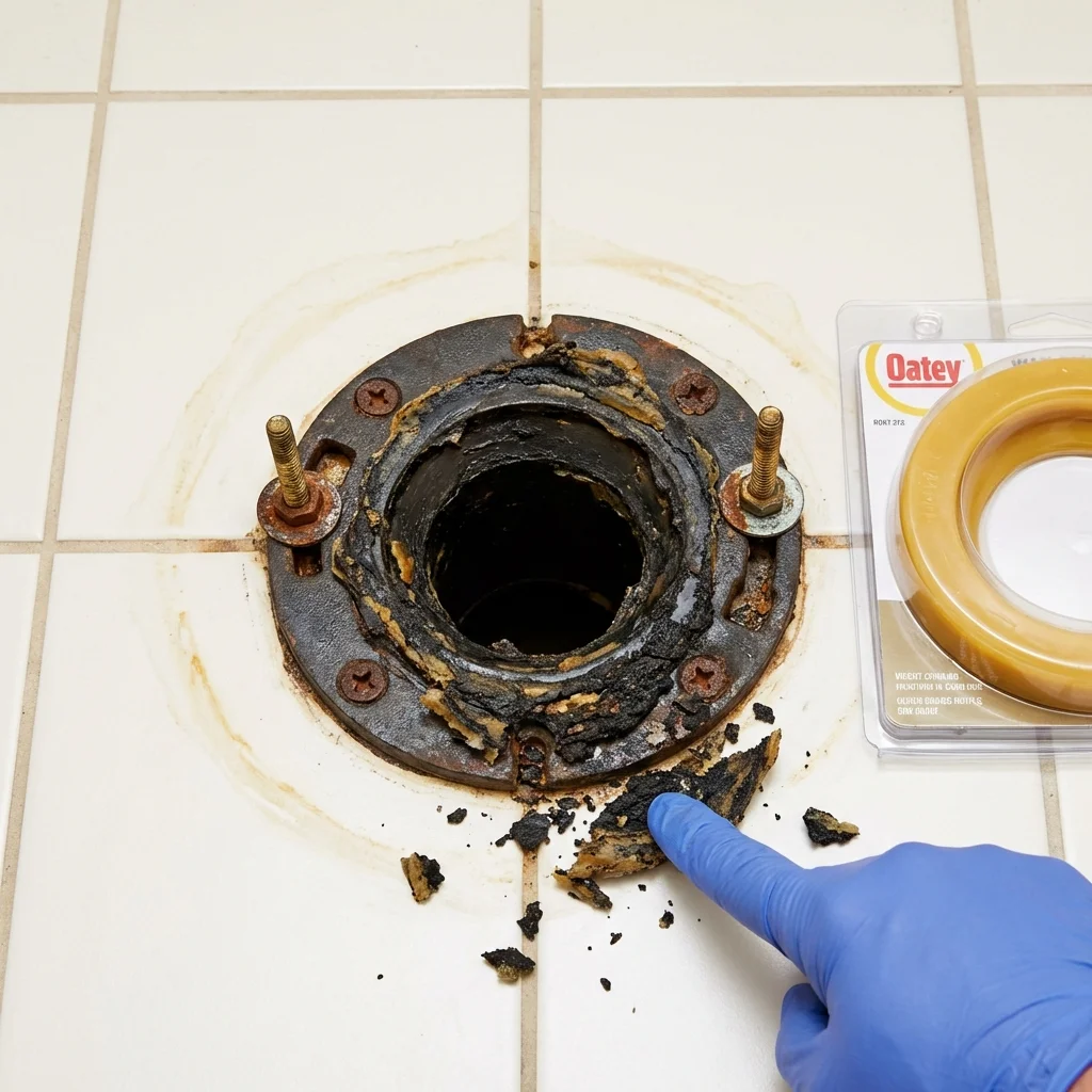 Failed wax ring showing water seepage at the base of a toilet in a Frenchville, ME home