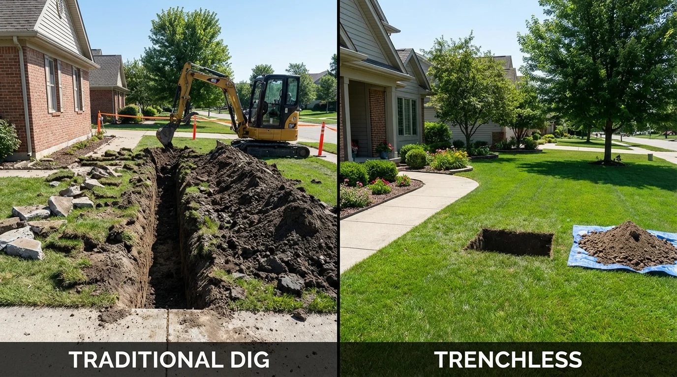 Trenchless sewer repair with minimal yard damage versus traditional excavation in Frenchville, ME