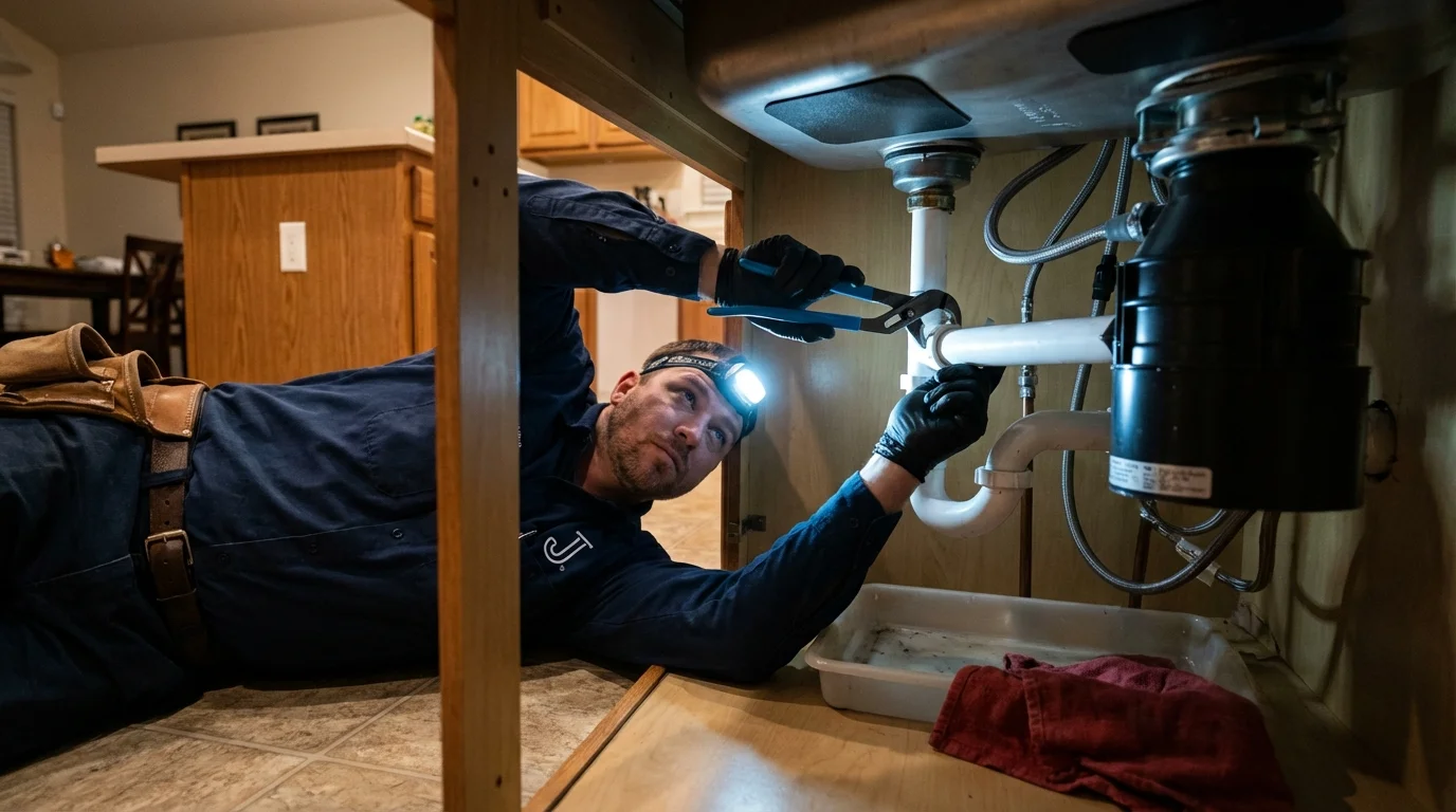 P-trap and supply line connections under a kitchen sink showing a common leak point in Frenchville, ME
